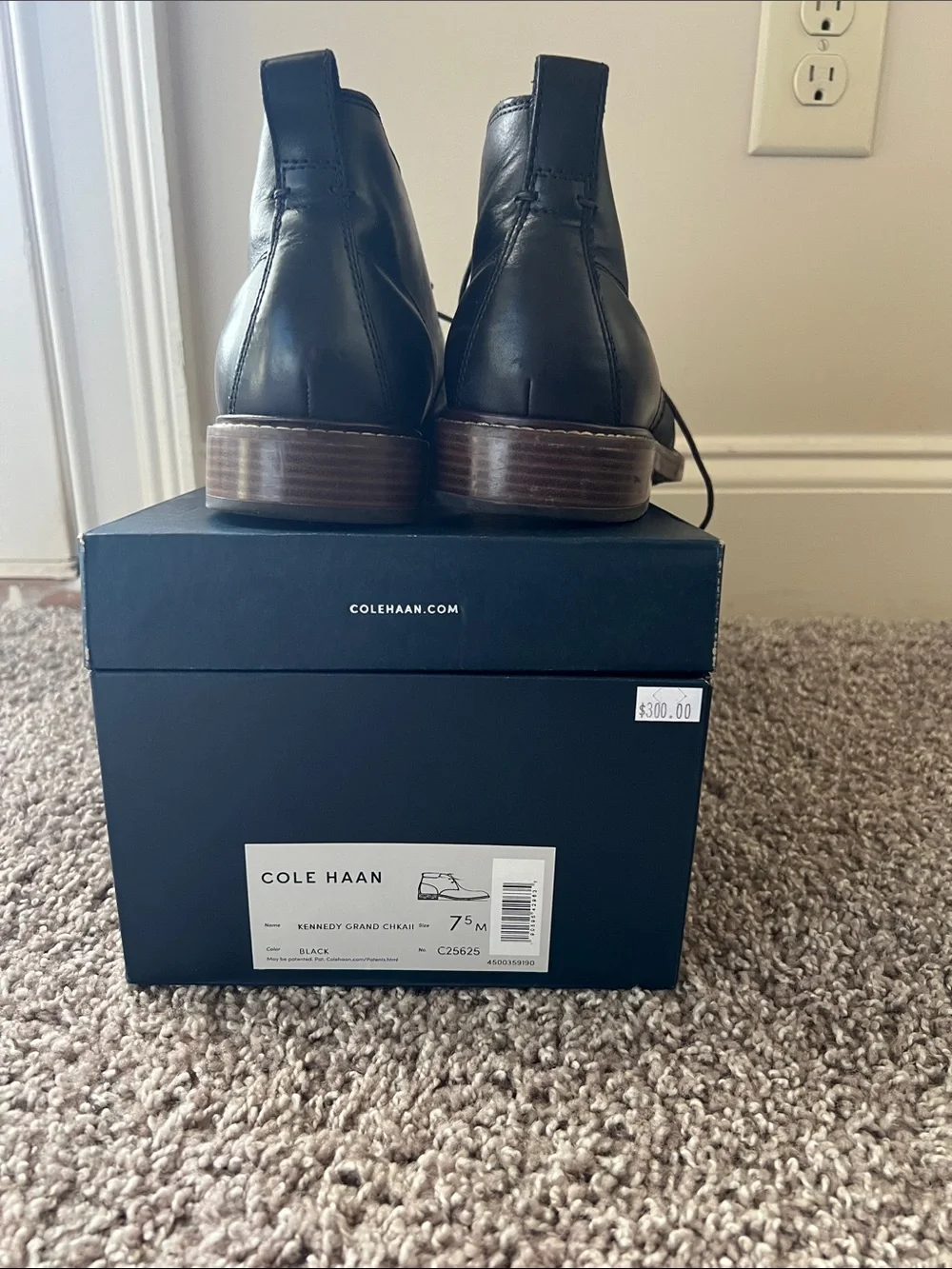 Cole Haan Black Leather Chukka Boots with Brown Stacked Heel